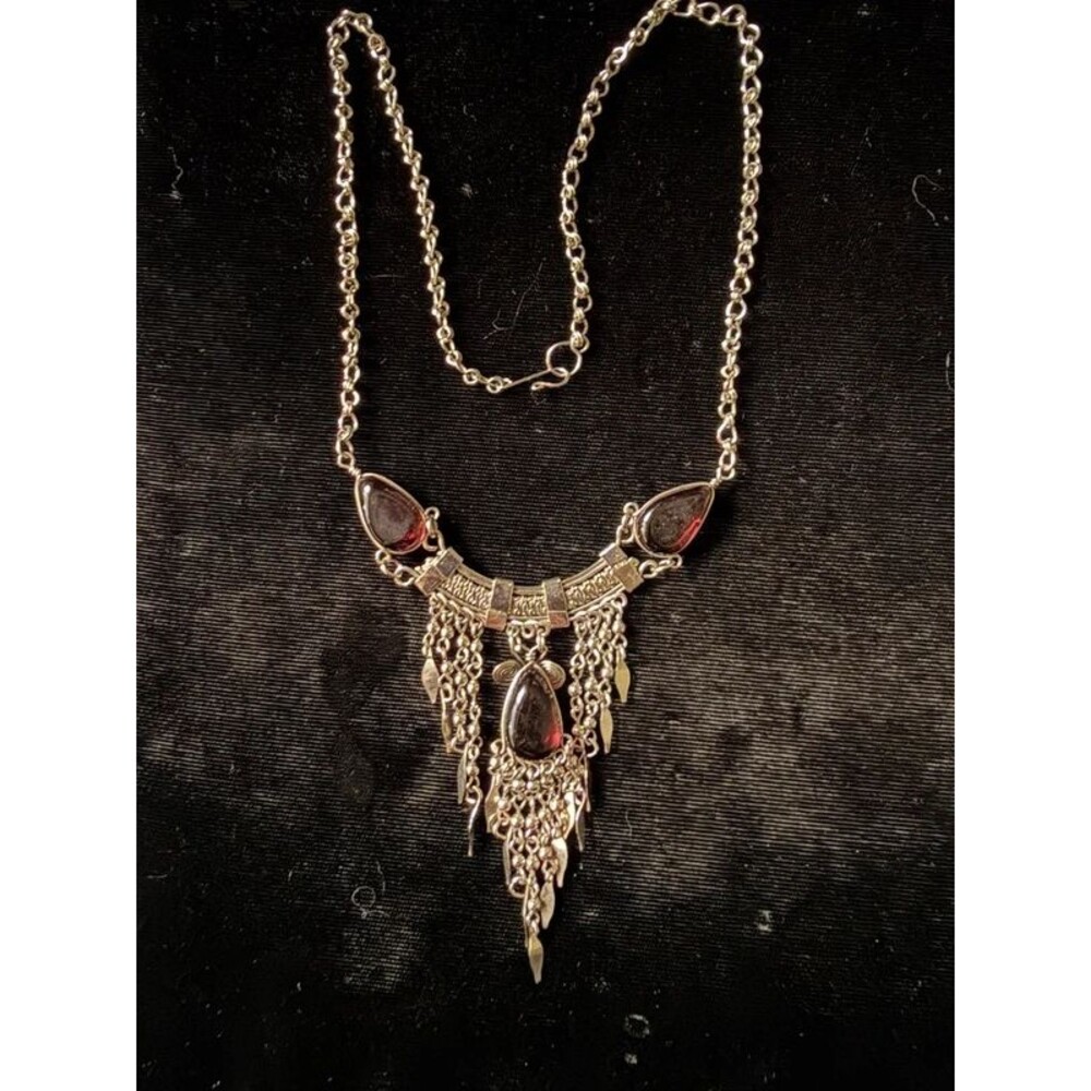 Tribal Fringe Necklace, Red Teardrop Stones Silver-Tone